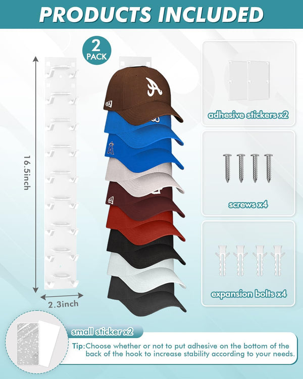 Hat Organizer for Baseball Caps (2-Pack), Strong Adhesive Hat Rack for Wall