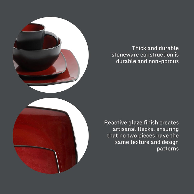 Gibson Soho Lounge Square Reactive Glaze Dinnerware Set, Red, Service for 4