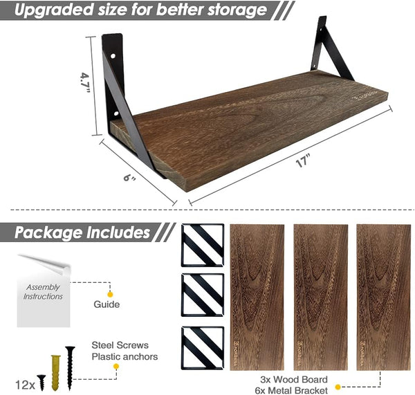 Rustic Floating Shelves Wall Mounted Set of 3