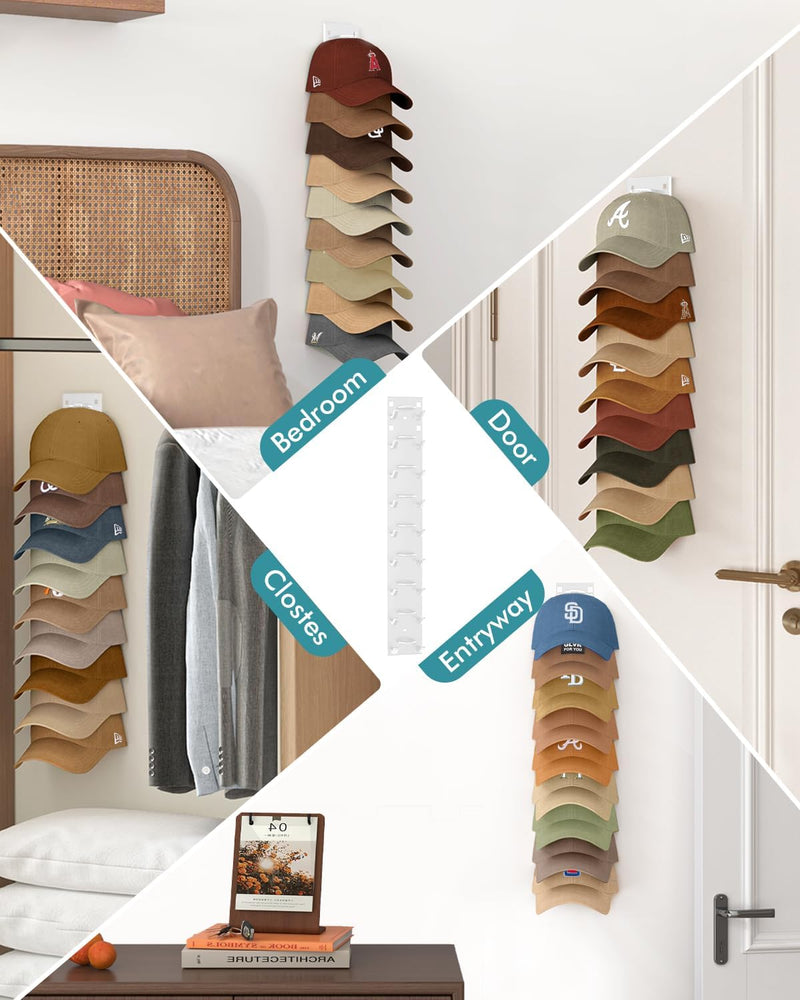 Hat Organizer for Baseball Caps (2-Pack), Strong Adhesive Hat Rack for Wall