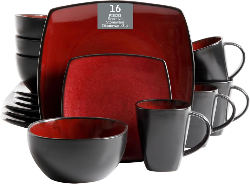 Gibson Soho Lounge Square Reactive Glaze Dinnerware Set, Red, Service for 4
