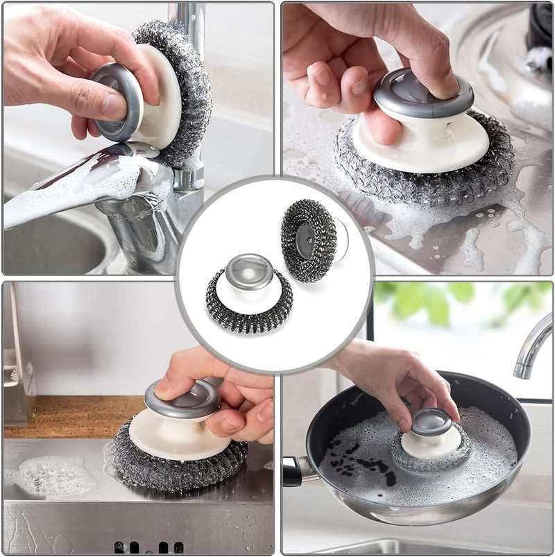 2Pcs Stainless Steel Scrubber with Handle