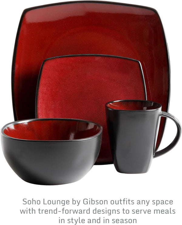 Gibson Soho Lounge Square Reactive Glaze Dinnerware Set, Red, Service for 4