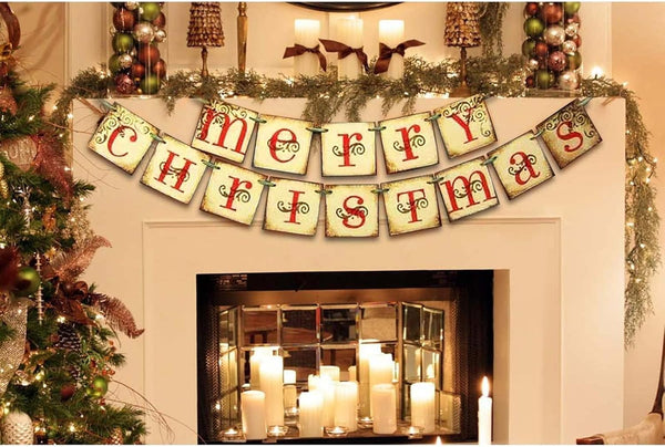 Christmas Decorations - Vintage Merry Christmas Banner - Retro Nostalgic Traditional