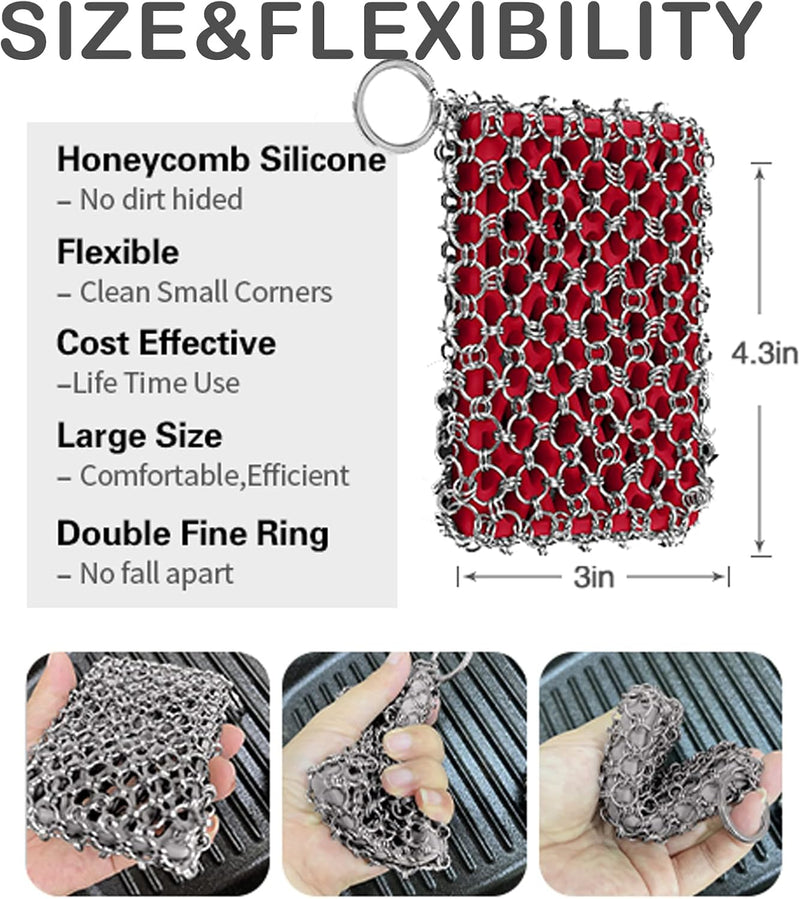 Herda 316L Cast Iron Scrubber Cleaner, Large Cast Iron Chain Mail Scrubber