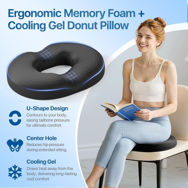 Donut Pillow Seat Cushion - Memory Foam Cooling Gel