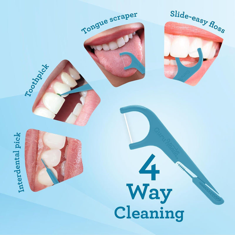 GuruNanda Quad Clean Floss Picks 4-in-1 with Tongue Scraper