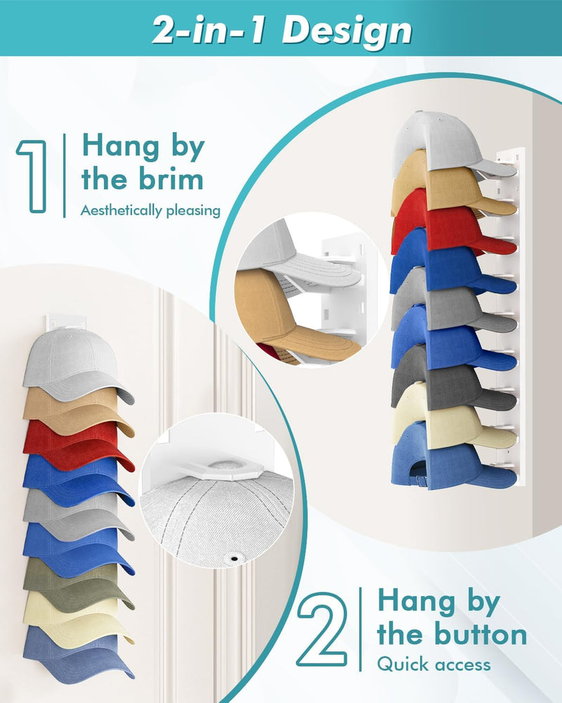 Hat Organizer for Baseball Caps (2-Pack), Strong Adhesive Hat Rack for Wall