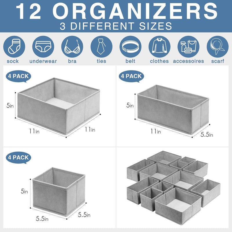 Criusia Drawer Organizer for Clothing, 12 Pack Sock Underwear Drawer