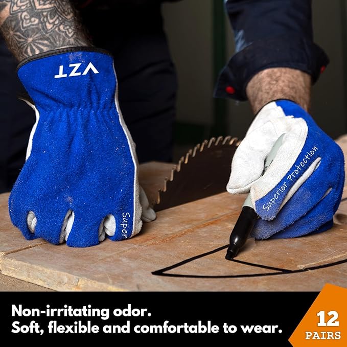 12 Pairs Bulk Leather Work Gloves for Men or Women for Construction