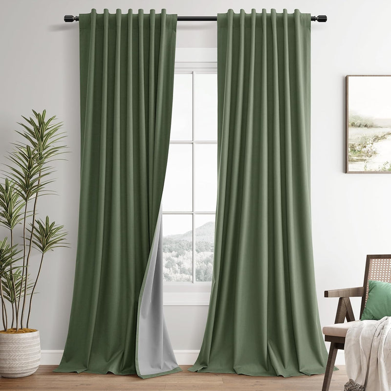 Linen Curtains 84 Inch Length 2 Panels Set Olive Green Luxury for Bedroom