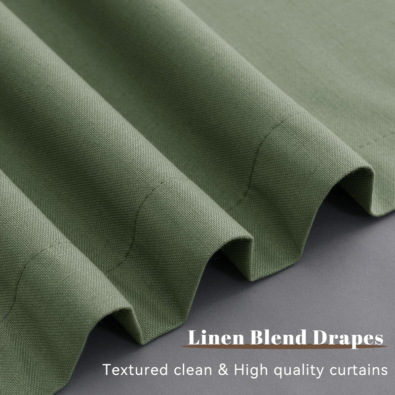 Linen Curtains 84 Inch Length 2 Panels Set Olive Green Luxury for Bedroom