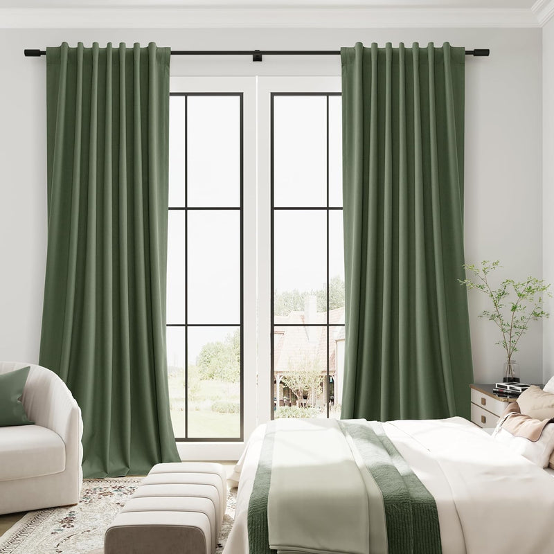 Linen Curtains 84 Inch Length 2 Panels Set Olive Green Luxury for Bedroom