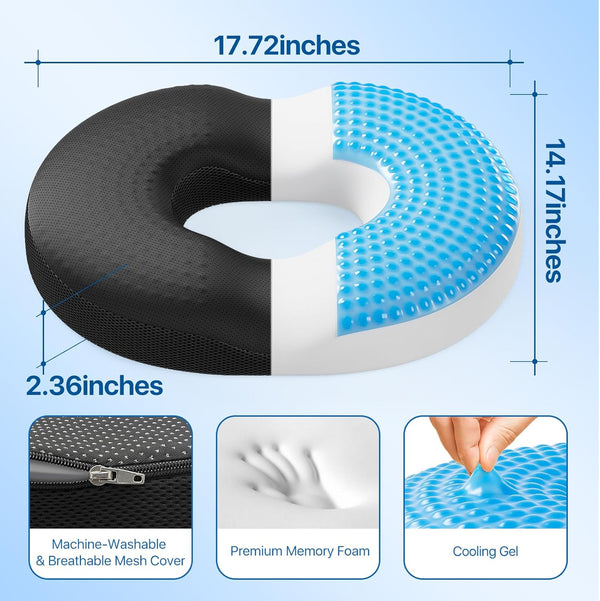 Donut Pillow Seat Cushion - Memory Foam Cooling Gel