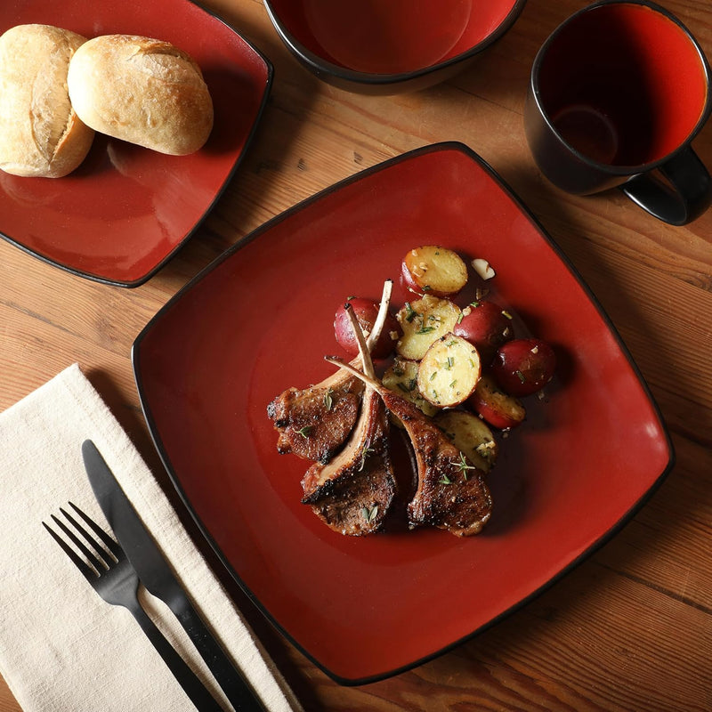 Gibson Soho Lounge Square Reactive Glaze Dinnerware Set, Red, Service for 4