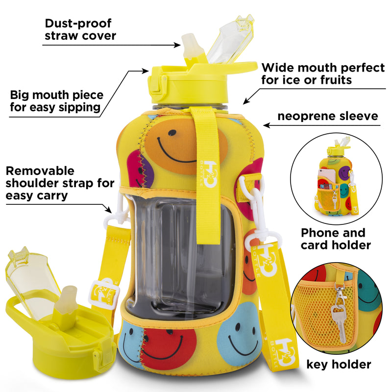 Happy Face - Half Gallon Water Bottle with Storage Sleeves and Removeable Straw