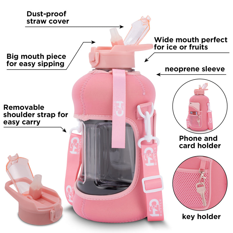 Rose Quartz- Half Gallon Water Bottle with Storage Sleeve and removable straw